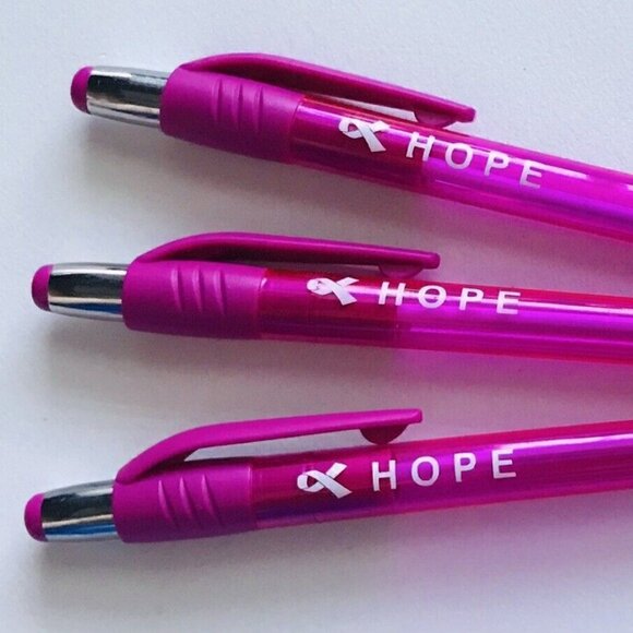 3 Pink Ribbon Breast Cancer Awareness Click Pens with Rubber Grip - Picture 2 of 3